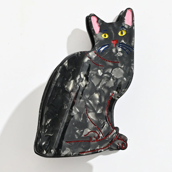 Pince cheveux chat femme en acétate noire, 8 cm. Accessoire coiffure original et élégant, idéal pour cheveux fins à normaux, usage quotidien.