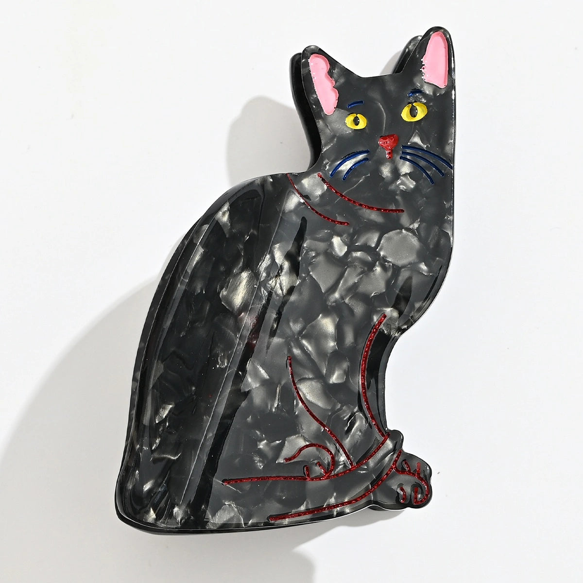 Pince cheveux chat femme en acétate noire, 8 cm. Accessoire coiffure original et élégant, idéal pour cheveux fins à normaux, usage quotidien.