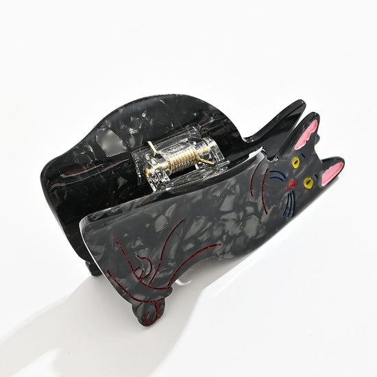 Pince cheveux chat femme en acétate noire, 8 cm. Accessoire coiffure original et élégant, idéal pour cheveux fins à normaux, usage quotidien.