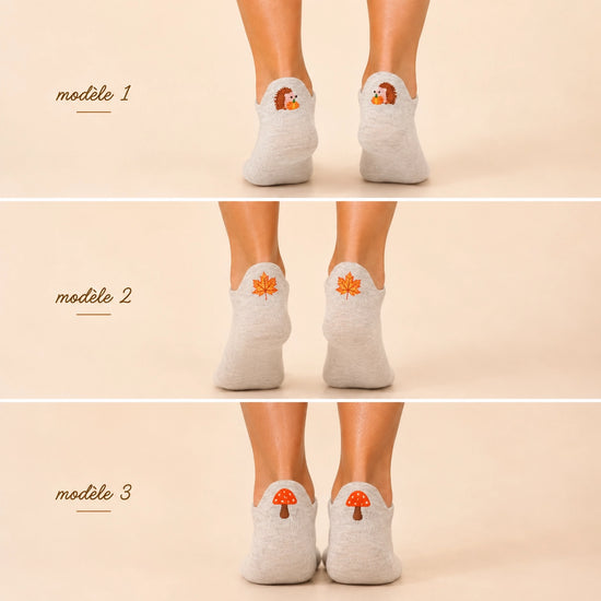 Lot de 3 chaussettes languette femme à motifs automne : hérisson, champignon et feuille. Languette anti-frottement, fond blanc, taille unique 35-41.